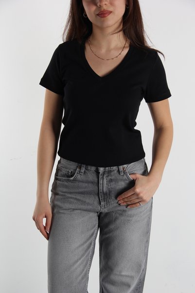 Leirose 100% Cotton V Neck Women's Basic T-Shirt - Black