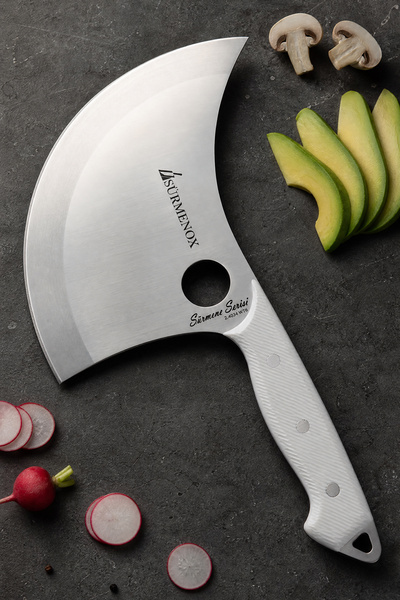 Sürmene Series Crescent Dumpling Pizza Knife White Verzalite Handle Pita Salad Minced Kitchen Knife (Mft-001)