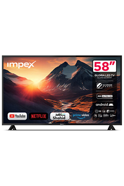 IMPEX تلفزيون LED أندرويد 58 بوصة / 4K UHD. معالج رباعي النواة. واي فاي / 3 منافذ HDMI / 2 منافذ USB / GLORIA58