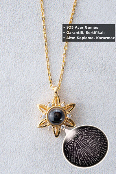 Jewelmim 100 Dilde Seni Seviyorum Kolyesi | Sarı Altın Kaplama Çiçekli 925 Ay...