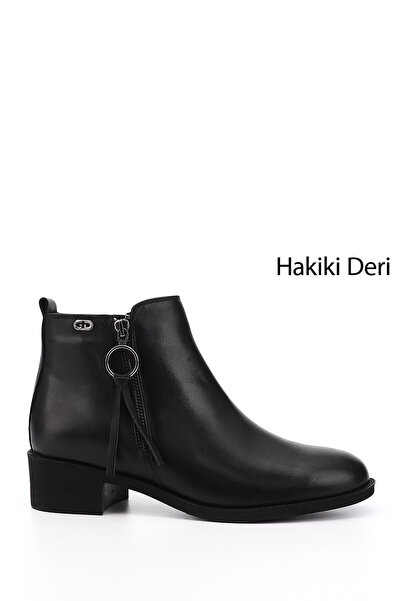 GÖNDERİ(R) Kadın Siyah Fermuarlı Kalın Topuklu Fermuarlı Hakiki Deri Bot