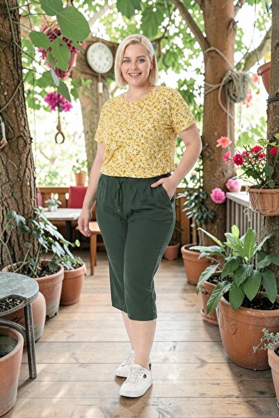 vividbutik Khaki Waist Elastic Capri with Pockets