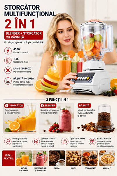 OEM HomeRoy – Storcător Multifuncțional 2 în 1, Blender 1.5L, 450W, cu Râșniță