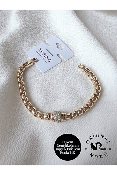 XUPING JEWELRY 14K Altın Kaplama Ortası Dönen Zirkon Kalın Zincir Bileklik- 1...