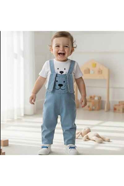 ALTINTAŞ BABY Uzun Kulak Köpekçik Cepli Örme Kot Mevsimlik 2li Salopet Set