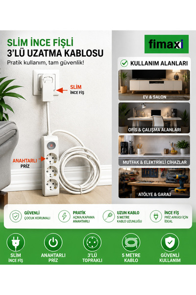fimaxi 2 Metre Uzatma Kablosu 3’lü Anahtarlı Priz İnce Fişli – Dar Alanlara U...