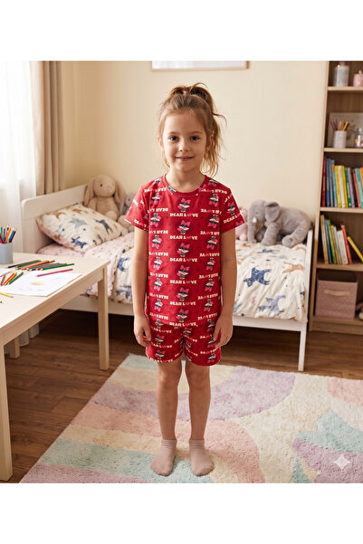 elmas kids Set de pijamale de vară pentru fete, 100% bumbac, cu fundă roșie, ...