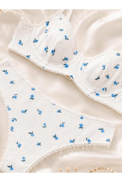 dem merys Miniş Blue Flower Patterned Underwire Cotton Combed Bra Set (Bra Kilot)