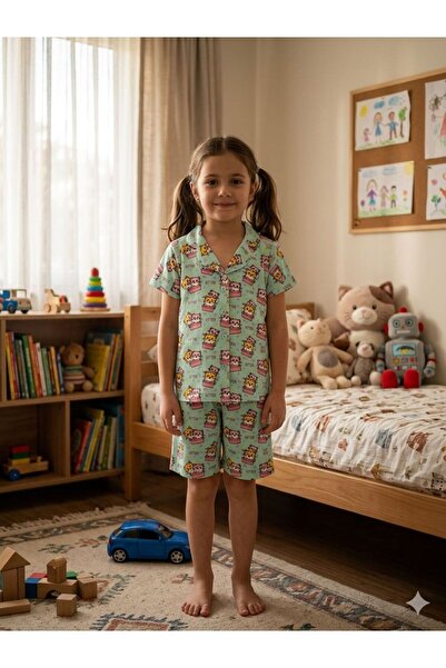 elmas kids Set de pijamale pentru fete, 100% bumbac, cu model de pisică verde...
