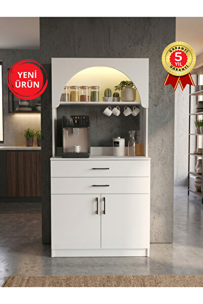 dorpek Sardes Kapaklı & Çekmeceli LED’li Mutfak Dolabı – Kahve Köşesi & Çok A...