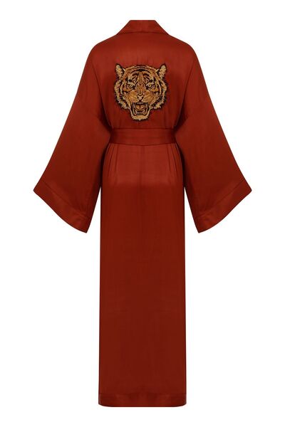 Saraswati Society Kırmızı Viskos İpek Sırt Kaplan Nakış Desenli Uzun Kimono