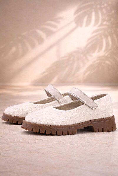 Rakerplus Cream Velcro Thick Soled Girls' Plush Ballerina Shoes
