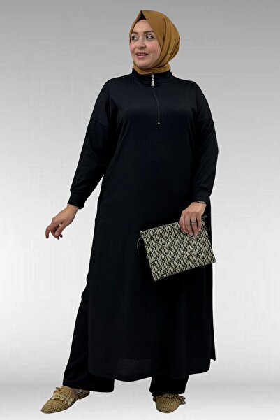 Eslina 57007 Large Size Side Slit Trousers Suit - Black