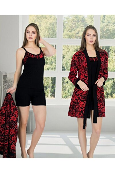 3'lü Kadın Şortlu Pijama ve Sabahlık Takımı - Kırmızı Gül Desenli