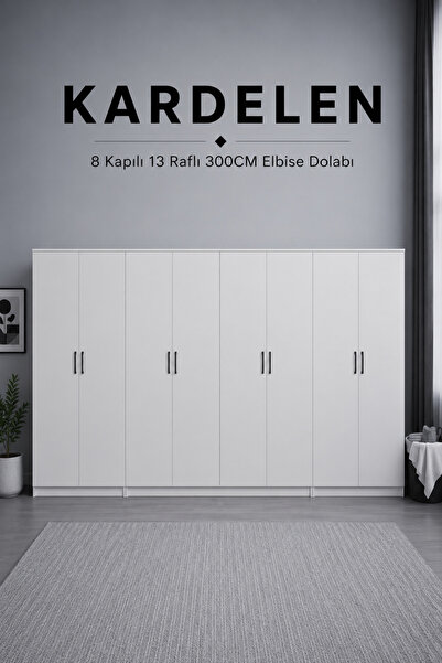 midoser Kardelen Serisi Beyaz 8 Kapaklı 13 Raflı 300 Cm Elbise Dolabı - Gardı...