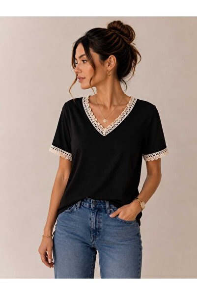 Benedetto Tricou elegant pentru femei, din bumbac modal, cu decolteu în V și detaliu din dantelă, sezon nou