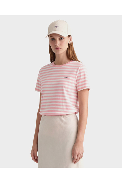 Gant Kadın Pembe Bisiklet Yaka Regular Fit Çizgili T-Shirt