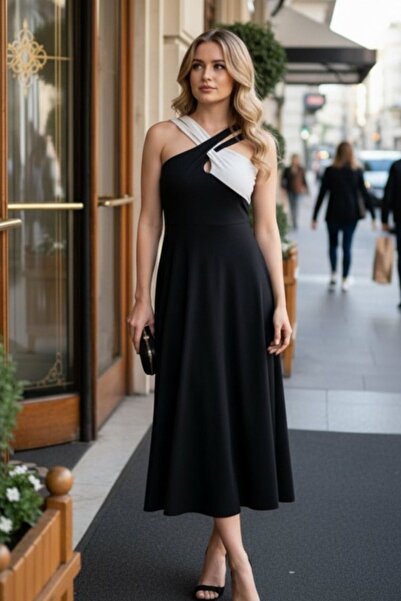 Mossta Cross Collar Detailed Midi Length Diving Dress - Black
