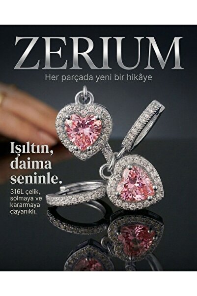ZERİUM Women's Minimalist Dangle Steel Earrings with Pink Quartz Heart 2.5 cm...