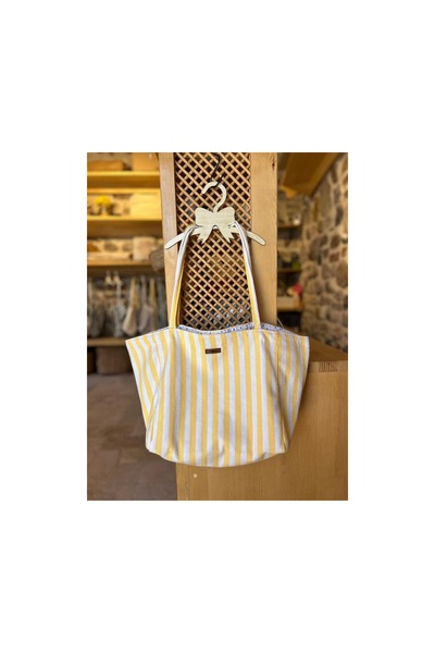 Pikkuva Yellow Striped Herringbone Fabric Bag, Handle Made from Its Own Fabri...