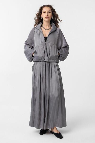 Antioch Gray Stand Collar Slim Women's Bomber Jacket