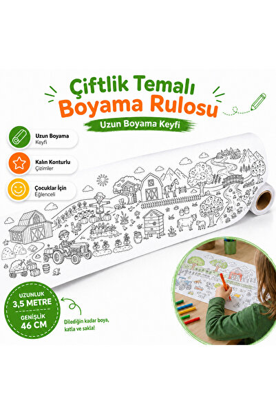 AHDTOPTAN Çiftlik Temalı Boyama Rulosu 46 cm x 3,5 Metre | Çocuklar İçin Uzun Boyama Kağıdı, Kalın Konturlu Eğitici Aktivite