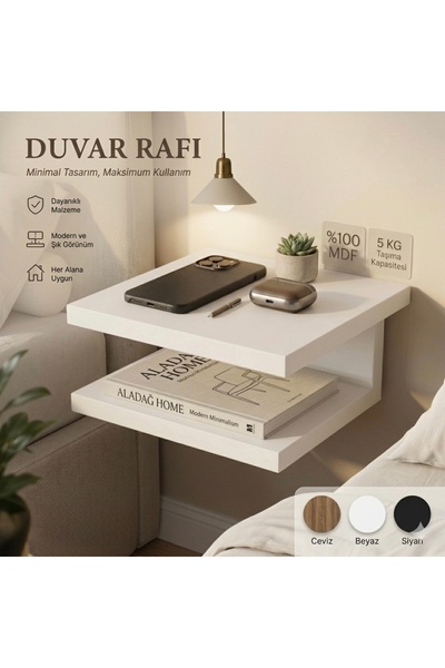 ALADAĞ HOME 30x25 cm Beyaz Duvar Komodini Yatak Yanı %100 MDF Başucu Rafı