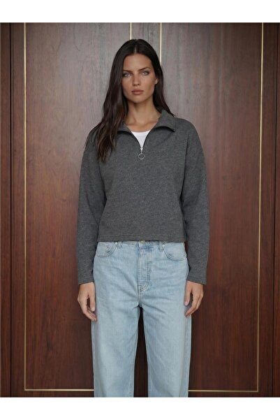 WeShaya Anthracite Cotton Knitted Fabric Zippered Collar Long Sleeve Cropped ...