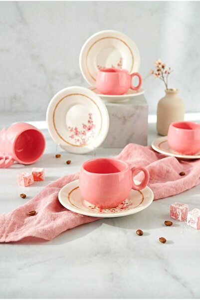 Erbaşlar Pembe Tombul Sakura 12 Parça 6 Kişilik Lüx Seramik Kahve Fincan Takımı
