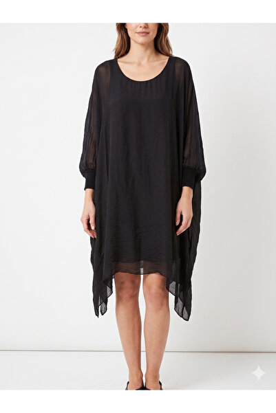 della moor Black Italian Bat Sleeve Lined Long Silk Tunic Blouse 40 - 46 Size