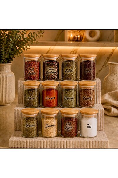 Pembelia Life Etiketli 12'li 250ml Bambu Kapaklı Borosilikat Cam Baharatlık V...