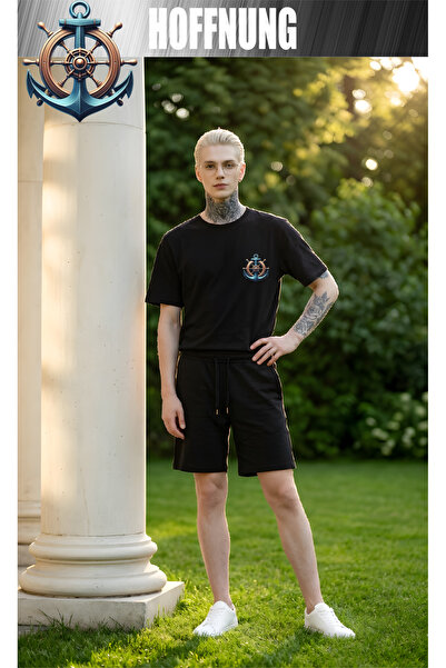 HOFFNUNG Unisex Casual Short Sleeve Set with Anchor Print Outdoor Spring/Summ...
