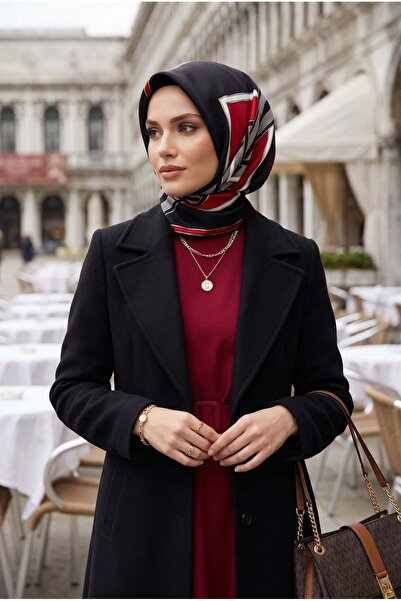 Vissona %100 Twill İpek Kareli Kazayaklı Desenli Siyah - Kırmızı Renkli 90x90...