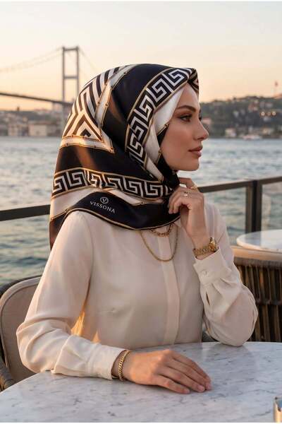 Vissona Twill İpek Eşarp Siyah, Krem