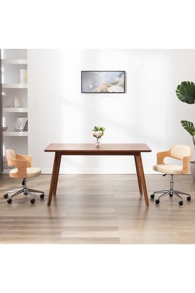 Concept Scaune pivotante de masă, 2 buc., crem, lemn curbat & piele