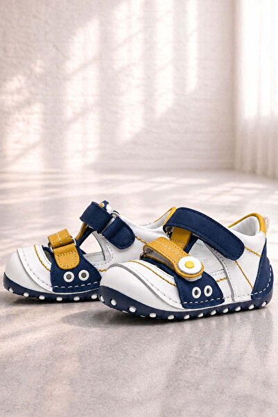 Nıno Genuine Leather Yellow Navy Blue Velcro Summer First Step Shoes