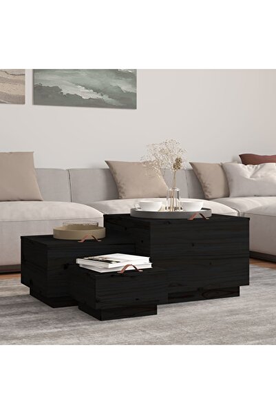 Concept Cutii de depozitare cu capace 3 buc. negru lemn masiv de pin