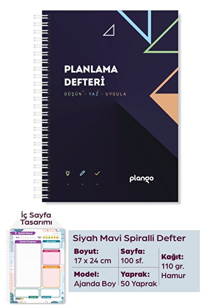 Plango Siyah Lacivert Günlük Planlayıcı Defter - Daily Planner - Ders Çalışma...
