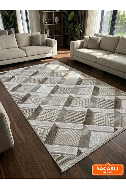 NaRStore Home Dinar Saçaklı Motif Bej Kahverengi Kaymaz Taban Kesme Yolluk Ha...
