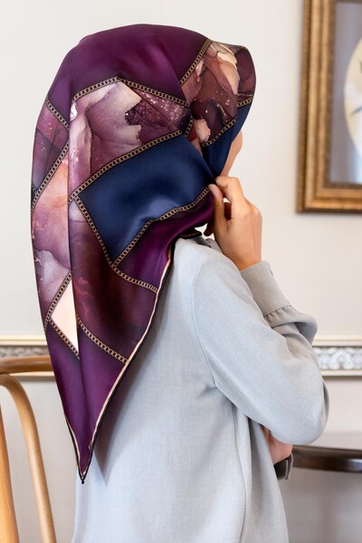 Vissona %100 Twill İpek Efektli Bant Desenli Mürdüm - İndigo Renkli 90x90 Eşa...