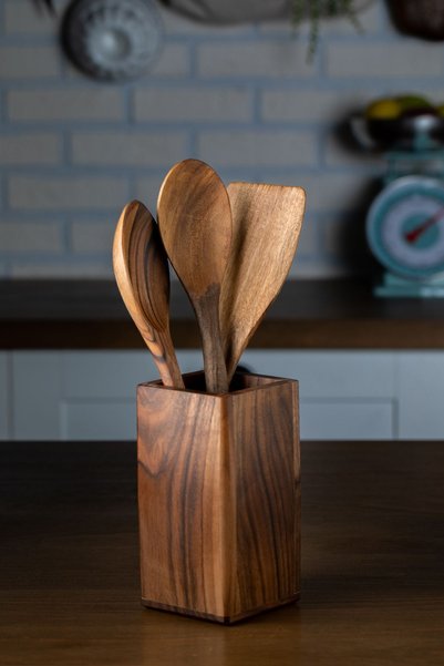 Demy Craft Walnut Wood Handmade Wooden Spoon Holder |   Countertop Kitchen Organizer