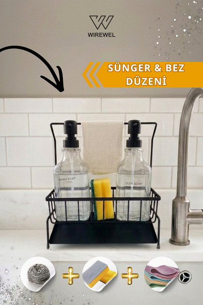 Wirewel Paslanmaz Metal Stantlı Cam Sıvı Sabunluk Seti, İkili Mutfak Standlı ...
