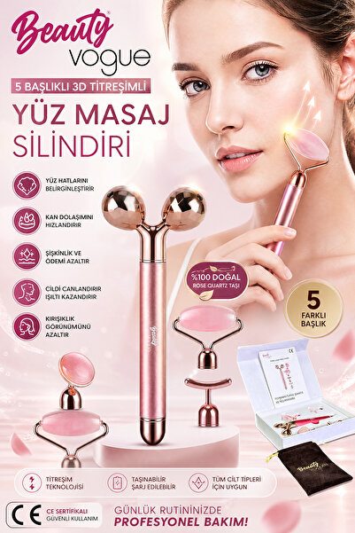 Beauty Vogue Titreşimli Rose Pembe Quartz Taşı 3d Yüz Masaj Silindiri 5 Başlı...
