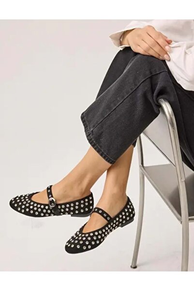 Kids Club Shoes Feles Stone Stud Λεπτομερή Γυναικεία Παπούτσια Μπαλαρίνας ΜΑΥΡΟ