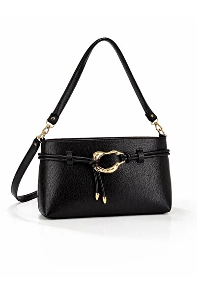 Melos Butik Women's Black Leather Hand and Shoulder Bag with Gold Buckle Acce...