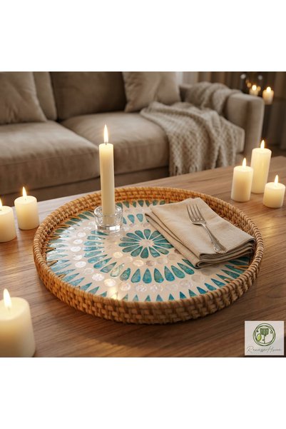 Renesse Home Alya Handmade Rattan Tray 30 cm – Natural Wicker Presentation Tray, Bohemian Decorative Serving Tray