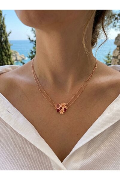 My Story Pembe Şeftali Çiçeği Çift Zincir Rose Gümüş Kolye