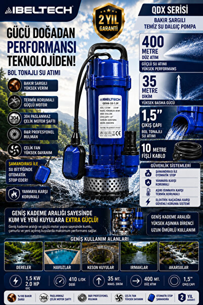 İBELTECH QDX SERİSİ BAKIR SARGILI ŞAMANDIRALI 2 HP TEMİZ SU DALGIÇ POMPA 40MT...
