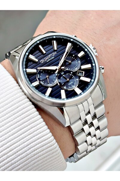 Quantum Functional Silver-Navy Blue Color Sapphire Glass Steel Band Steel Cas...