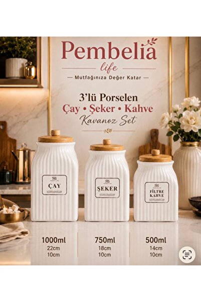 Pembelia Life 3 Boy Etiketli Porselen Bambu Kapaklı Çay Şeker Kahve Saklama K...